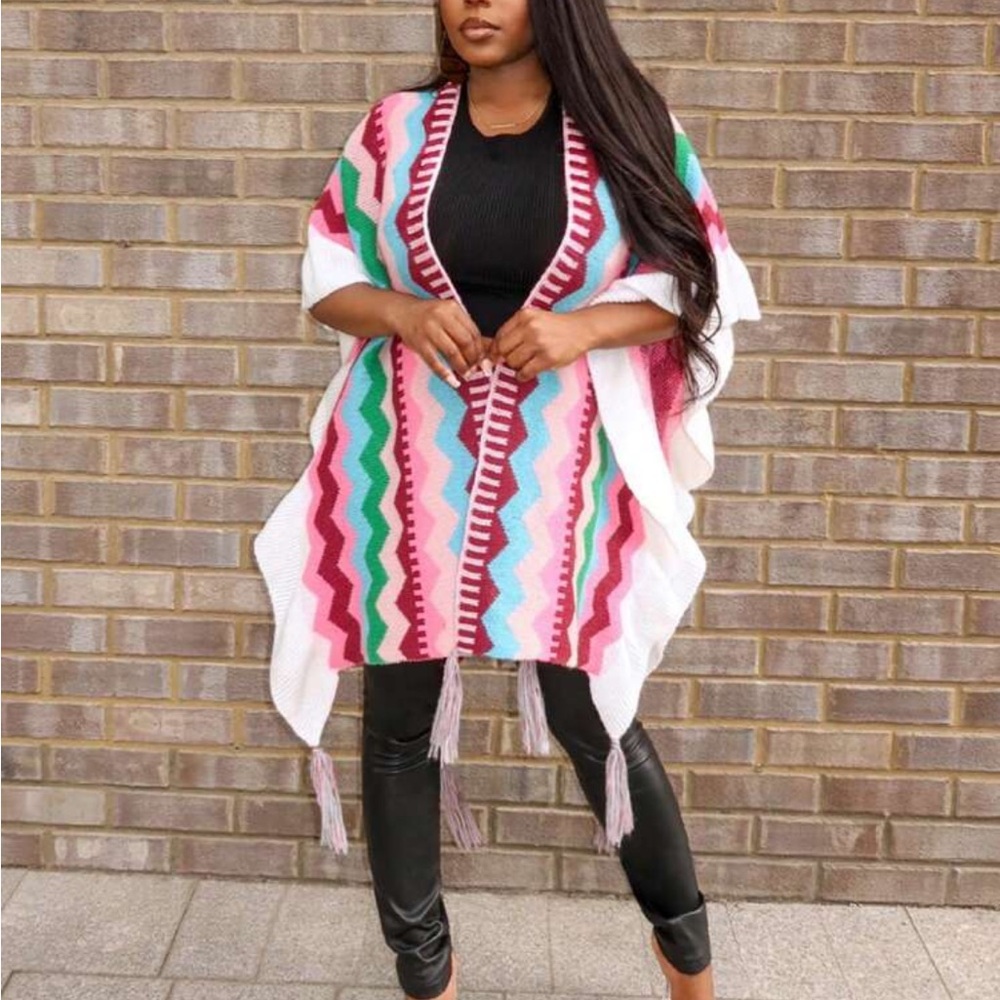 Luxe Plus Size Oversized Chevron Color Block Fringe Ruffle Knit Cape Cover Up - Picture 2 of 8